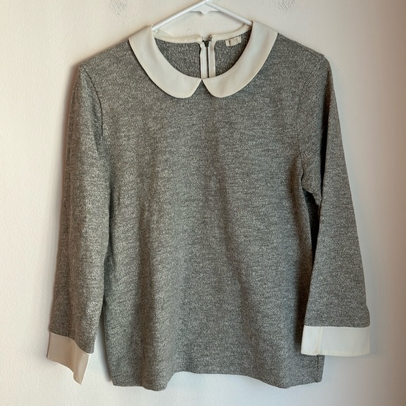 J. Crew Women’s Pan collar sweater 3/4 sleeve gray white knit soft office wear M - Picture 1 of 9